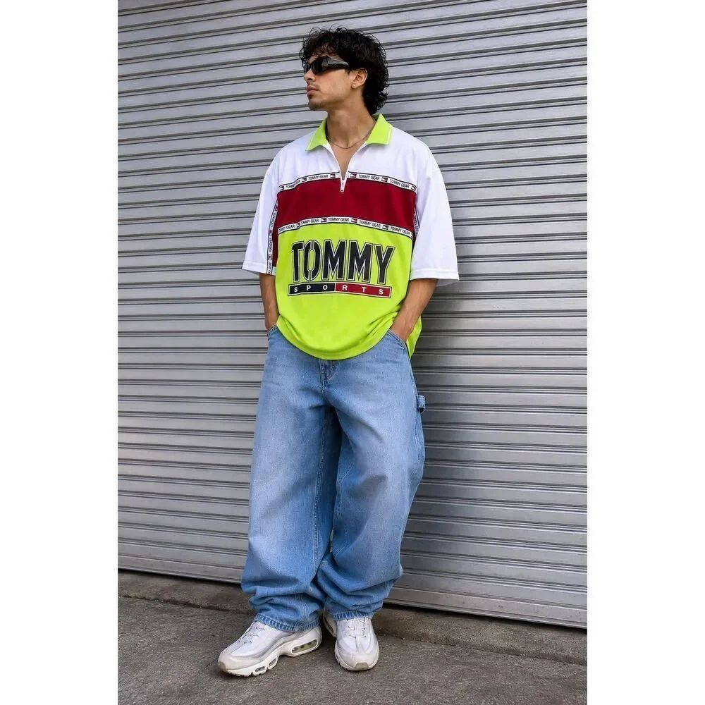 Vtg 90s Tommy Hilfiger Gear Colorblock Spellout Zip Polo Shirt USA XL Paper Tag